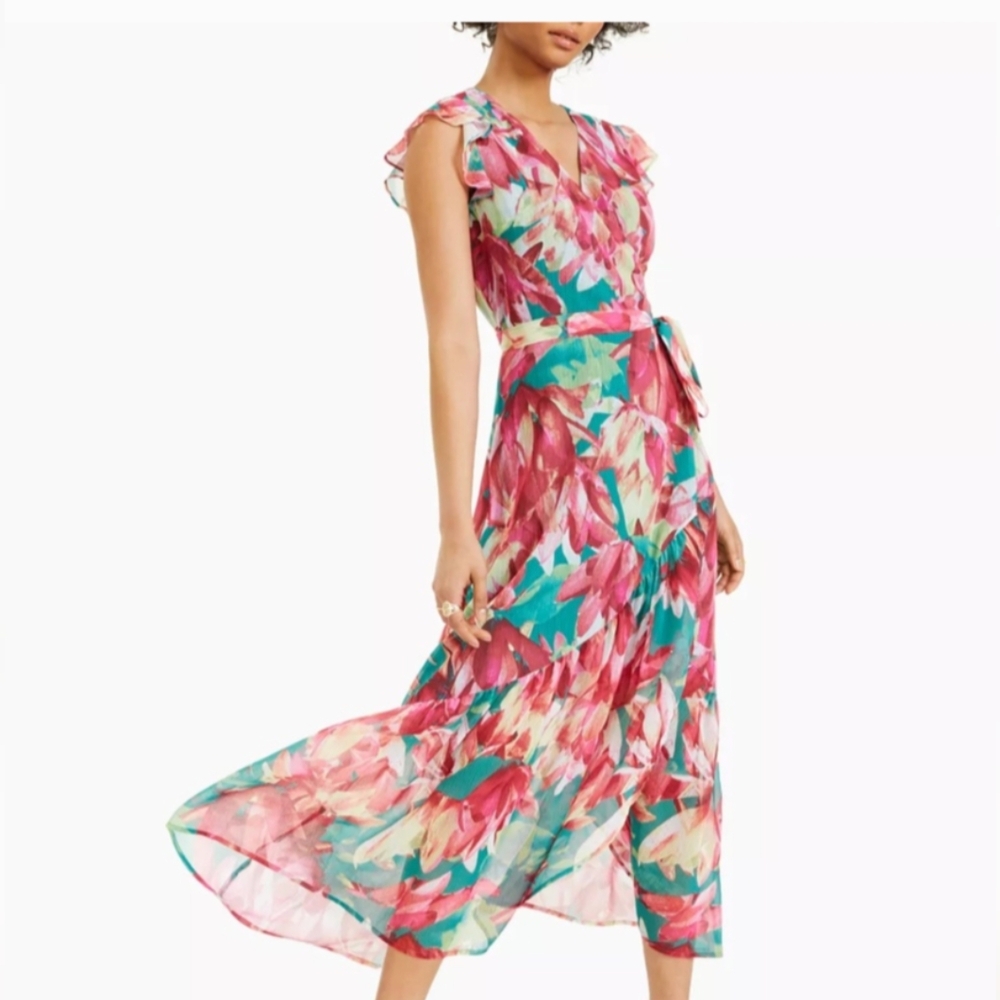 Bar III Sexy Wrap Maxi Dress Floral Red Green Sz XL (14/16) Ruffles